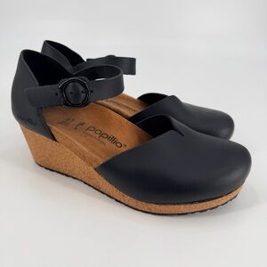 Papillio Birkenstock Mary Black Wedge Ankle Strap Shoes 41